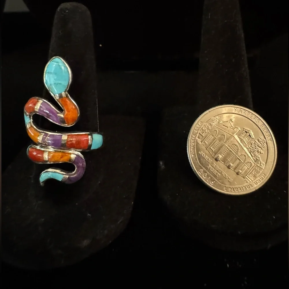 Native made Zuni Multicolor Turquoise Orange Purple Snake Ring - sterling silver - Picture 5 of 9